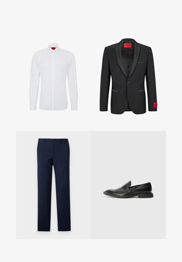 Blazer negro con solapas de satén, cierre de un botón y dos bolsillos frontales. Presenta una etiqueta de logo rojo en la manga izquierda.; Camisa blanca de manga larga de algodón con cierre de botones en la parte delantera, cuello clásico y una textura sutil, con un logo rojo en el interior del cuello.; Pantalones azul marino con un corte entallado, que presentan una textura suave, pliegues marcados y un diseño de frente plano. Cierre de cremallera oculta.; Mocasines de piel negra con textura suave, punta afilada y un bajo tacón rectangular. Presentan un detalle de cinta horizontal en la parte superior.