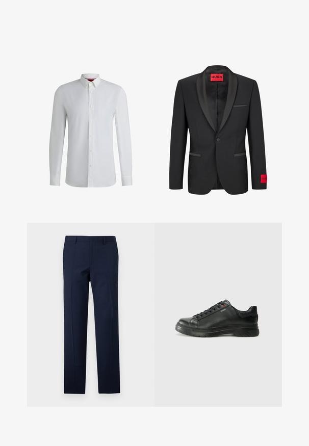 Czarny żakiet z satynowymi klapami, zapinany na pojedynczy guzik, z dwiema przednimi kieszeniami. Posiada czerwoną metkę z logo na lewym rękawie.; Biała koszula z długim rękawem i kołnierzykiem zapinanym na guziki, charakteryzująca się gładką teksturą, prostym krojem oraz subtelnym detalem wzdłuż przodu.; Granatowe spodnie o dopasowanym kroju, z gładką fakturą, wyraźnymi kantami i płaskim przodem. Zamek błyskawiczny ukryty w kroku.; Czarne skórzane sneakersy z teksturowaną cholewką, miękkim kołnierzem i czerwonym logo. Posiadają grubą gumową podeszwę z wyraźnym wzorem bieżnika.