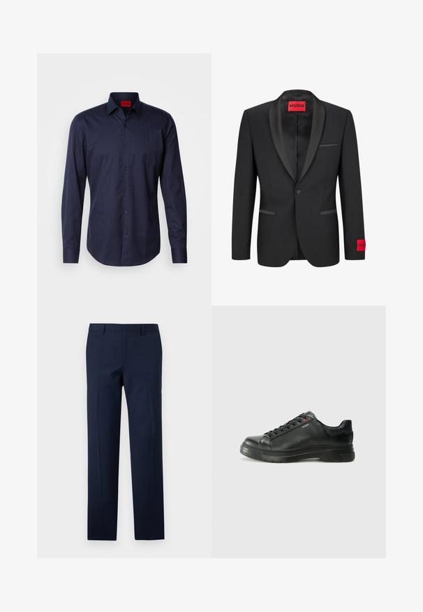 Musta bleiseri, jossa on satiininen huippuolkain, yksi nappisuljin ja kaksi etutaskua. Vasemmassa hihassa on punainen logotunnus.; Tummansininen pitkähihaisu paita, jossa on hienovarainen herringbone-kuvio, napitettava kaulus ja mustat napit. Puuvillasekoitekangas, jossa on sileä rakenne.; Laivansiniset housut, joissa on räätälöity istuvuus, sileä pinta, terävät taitteet ja tasainen etuosa. Piilovetoketjuhalkio.; Musta nahkakengät, joissa on teksturoidun pinnan, pehmustettu kaulus ja punainen logo. Kengissä on paksu kumipohja, jossa on selkeä uramalli.