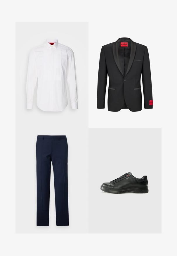 Juodas švarkas su satino apykaklėmis, vieno sagos užsegimu ir dviem priekinėmis kišenėmis. Kairėje rankovėje yra raudonas logotipas.; HUGO KAMISO - Marškiniai - open white; Tamsiai mėlyni kelnių su pritaikytu siluetu, pasižyminčiomis lygiu tekstūra, ryškiomis klostėmis ir plokščiu priekiu. Paslėptas užtrauktukas.; Juodos odinės sportinės bateliai su tekstūruota viršutine dalimi, paminkštinta apykakle ir raudonu logotipo akcentu. Yra storas guminis padas su išskirtiniu protektoriaus raštu.