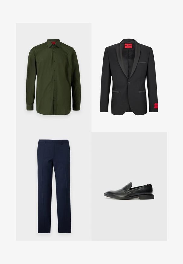 Schwarze Blazer mit satinierter Reverskragen, Ein-Knopfschluss und zwei Fronttaschen. Mit rotem Logolabel am linken Ärmel.; HUGO VALERIO - Businesshemd - dark green; Nachtschwarze Hose mit tailliertem Schnitt, die eine glatte Textur, scharfe Falten und ein flaches Frontdesign aufweist. Verdeckter Reißverschluss.; Schwarze Lederlofer mit glatter Oberfläche, spitzer Zehenform und niedrigem rechteckigen Absatz. Mit horizontalem Riemen-Detail über dem Obermaterial.