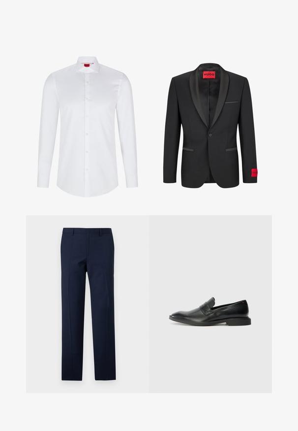 Schwarze Blazer mit satinierter Reverskragen, Ein-Knopfschluss und zwei Fronttaschen. Mit rotem Logolabel am linken Ärmel.; Weißes langärmliges Hemd mit Knopfleiste, hergestellt aus glattem Baumwollstoff. Verfügt über einen klassischen Kragen, eine durchgehende Knopfleiste und einen abgerundeten Saum.; Nachtschwarze Hose mit tailliertem Schnitt, die eine glatte Textur, scharfe Falten und ein flaches Frontdesign aufweist. Verdeckter Reißverschluss.; Schwarze Lederlofer mit glatter Oberfläche, spitzer Zehenform und niedrigem rechteckigen Absatz. Mit horizontalem Riemen-Detail über dem Obermaterial.