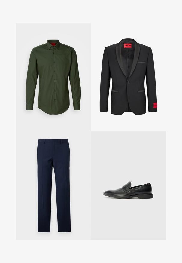Black blazer with satin peaked lapels, single button closure, and two front pockets. Features red logo label on the left sleeve.; Dark green long-sleeve shirt made of smooth cotton, featuring a classic collar, black buttons, and a curved hem. Red brand logo on the collar.; Navy blue trousers with a tailored fit, featuring a smooth texture, sharp creases, and a flat front design. Concealed zipper fly closure.; Black leather loafers with a smooth texture, pointed toe, and a low rectangular heel. Features horizontal strap detail across the upper.