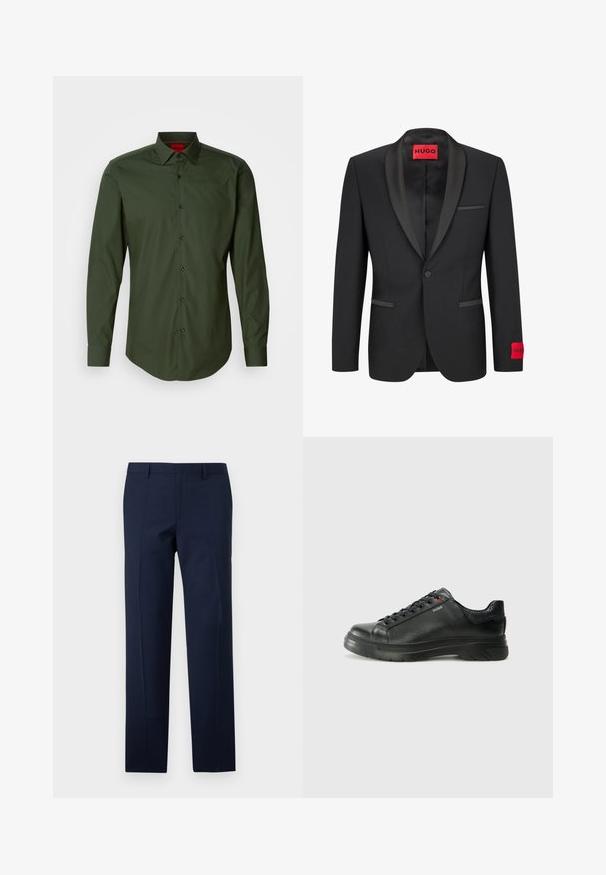 Sacou negru cu rever satin, închis cu un singur nasture și două buzunare frontale. Prezentă eticheta cu logo roșu pe mâneca stângă.; Cămașă lungă cu mâneci verzi închise, confecționată din bumbac neted, având un guler clasic, butoane negre și un tiv curbat. Logo-ul roșu al brandului este pe guler.; Pantaloni bleumarin cu o croială ajustată, având o textură netedă, plisuri ascuțite și un design cu față plată. Închidere cu fermoar ascuns.; Sneaker din piele neagră cu un superior texturat, guler căptușit și detalii cu logo roșu. Are o talpă groasă din cauciuc cu un model de bandă distinct.