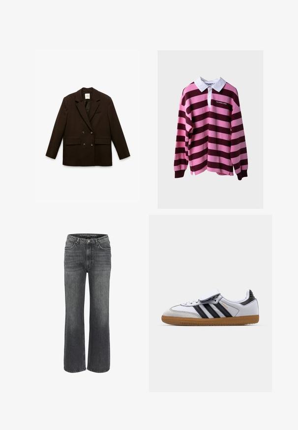 Blazer marrón de doble botonadura con dos bolsillos delanteros, solapas con muesca y un pequeño bolsillo en el pecho. Tejido liso con silueta entallada.; Camisa de rugby de manga larga con amplias franjas horizontales en rosa y burdeos oscuro, cuello blanco y logo "COLOURFUL REBEL" en el pecho.; Jeans de pierna ancha en denim gris oscuro, que cuentan con un diseño clásico de cinco bolsillos, detalles de costura y un cierre de botón en la cintura.; Zapatilla de cuero blanca con rayas negras y acentos grises, con puntera redondeada y suela de goma. Cierre con banda de velcro y cordones.
