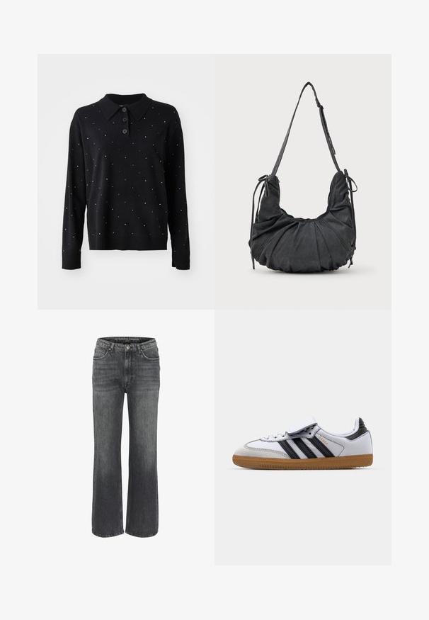 Braune zweireihige Blazer mit Reverskragen, vorderen aufgesetzten Taschen und einer eleganten Textur. Verfügt über zwei Knöpfe und eine dezente Innentasche.; Schwarzer Pullover mit Kragen und drei Knöpfen. Verziert mit verstreuten silbernen Punkten. Hergestellt aus einem weichen, strukturierten Stoff.; Weite Jeans aus dunkelgrauem Denim mit klassischem Fünf-Taschen-Design, genähten Details und einem Knopfverschluss an der Taille.; Weiße Ledersneaker mit schwarzen Streifen und grauen Akzenten, ausgestattet mit einer runden Zehenpartie und einer Laufsohle aus Gummi. Mit Klettverschluss und Schnürung.; Schwarze, weiche Stoff-Schultertasche mit gerafften Details, verstellbarem Tragegurt und gebundenen Kordeln auf jeder Seite, auf einem weißen Hintergrund präsentiert.
