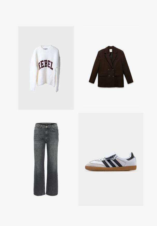 Ruskea kaksirivinen bleiseri, jossa kaksi etutaskua, lovitetut kaulukset ja pieni rintatasku. Sileä kangas ja räätälöity siluetti.; Valkoinen neulepusero, jossa on pyöreä pääntie ja pitkät hihat. Etuosassa on tummanpunaisella neulottu sana "REBEL".; Vaatteena tummanharmaat leveälahkeiset farkut, joissa on klassinen viiden taskun muotoilu, ommeltu yksityiskohtia ja nappisuljenta vyötäröllä.; Valkoiset nahkakengät mustilla raidoilla ja harmailla yksityiskohdilla, joissa on pyöreä kärki ja kumipohja. Tarranauha ja nauhakiristys.