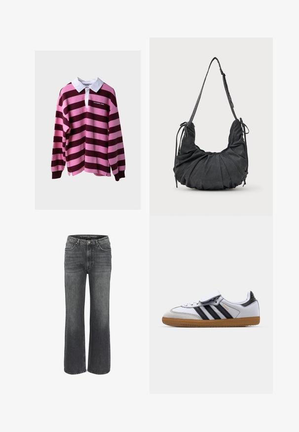 Brun dubbelknäppt blazer med slagkrage, framfickor i patch-stil och en slät textur. Har två knappar och en subtil innerficka.; Långärmad rugbytröja med breda horisontella ränder i rosa och mörk bordeaux, vit krage och "COLOURFUL REBEL"-logotyp på bröstet.; Vidjeans i mörkgrå denim, med en klassisk femficksdesign, sydd detaljer och en knappstängning vid midjan.; Vit lädersneaker med svarta ränder och grå detaljer, med rundad tå och sula av gummigummi. Kardborreband och snörning.; Svart mjuk tygaxelväska med rynkade detaljer, justerbar rem och knutna dragband på varje sida, visad på en vit bakgrund.