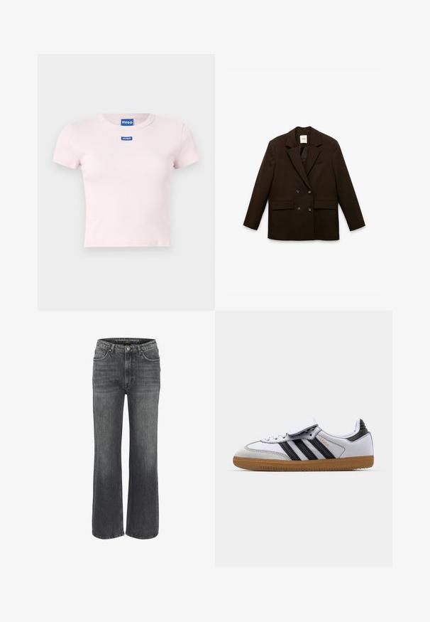 Brun dubbelknäppt blazer med slagkrage, framfickor i patch-stil och en slät textur. Har två knappar och en subtil innerficka.; Ljust rosa T-shirt med kort ärm i ribbat tyg, med två blå "HUGO" logotags på framsidan. Grundläggande design med rund hals.; Vidjeans i mörkgrå denim, med en klassisk femficksdesign, sydd detaljer och en knappstängning vid midjan.; Vit lädersneaker med svarta ränder och grå detaljer, med rundad tå och sula av gummigummi. Kardborreband och snörning.