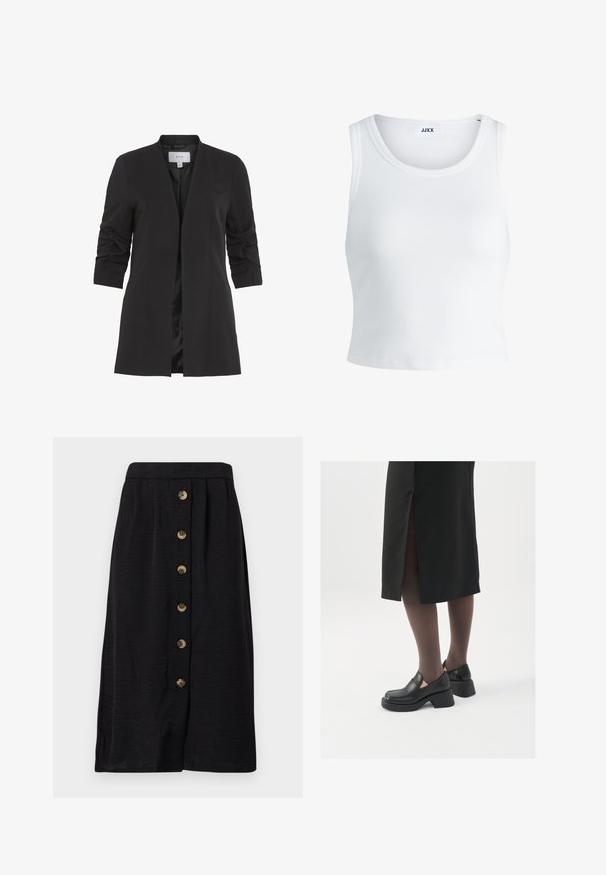 VILA VIHER - Blazer - black; Hvid ribbet tanktop med rund halsudskæring, ærmeløs design og cropped længde. Etiketten står der "JJXX." Glat stoftekstur.; Sorth midi-nederdel i strikket stof, med en frontlukning med fem bronzefarvede knapper og en lige silhuet.; Sorte lædersko med rund tå, kraftig blokhæl og elastiske sideaccentuer, parret med mørke strømpebukser og en sort nederdel med slids.