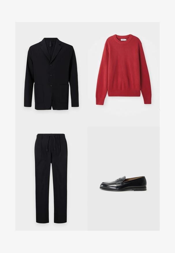 Mustas bleiser siledast kangast, millel on krae, kolm nuppu, kaks esitaskut ja lõdva istuvus.; Punane kudum-sviiter ümmarguse kaelusega, soonikkoes mansettide ja äärega, millel on tekstuuriline ja paks mustriloome.; Mustadest siledast kangast püksid, millel on nööriga vöökoht, sirged sääred ja esiõmblused, mis loovad struktureeritud väljanägemise.; Mustad nahast loafers musta värviga, siledat pinna, ümmarguse toe, dekoratiivse tikandi ja väikese metallaktsendiga esiosas.