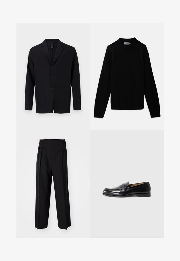 Musta bleiseri, joka on valmistettu sileästä kankaasta ja jossa on viistetty kaulus, kolme nappia, kaksi etutaskua ja rento istuvuus.; Musta neulepaita, jossa on ribbireunainen pyöreä kaula-aukko, pitkät hihat ja teksturoitu neulekuvio. Ei näkyviä logoja tai koristeita.; Mustat laskostetut housut, joissa on suora, leveä lahje. Valmistettu sileästä kankaasta, jossa on nappisuljenta ja vyölenkit.; Nahka loaferit mustana, jossa on sileä pinta, pyöreä kärki, koristeelliset tikkaus ja pieni metallikoriste edessä.