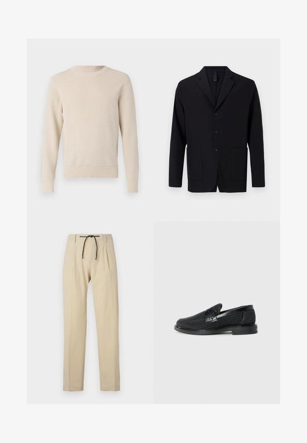 Čierny blejzer vyrobený z hladkej látky, so zárezovým golierom, tromi gombíkmi, dvoma prednými vreckami a voľným strihom.; Béžový pletený sveter s texturovaným vzorom, okrúhlym výstrihom a rebrovanými manžetami a lemom. Klasický strih s dlhými rukávmi.; Béžové nohavice s rovný fit, so sťahovacím pásom, plisovaným predným dielom a hladkým povrchom. Jednoduchý, všestranný dizajn.; Čierne tkané slip-on topánky s hladkým koženým akcentom na vrchnej časti, s okrúlym dizajnom špičky a nízkoprofilovou gumovou podrážkou.