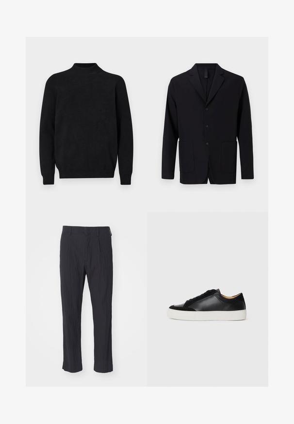 Schwarzer Blazer aus glattem Stoff, mit Reverskragen, drei Knöpfen, zwei vorderen Taschen und einer lässigen Passform.; Schwarzer gestrickter Pullover mit hohem Kragen, langen Ärmeln und geripptem Muster. Einfaches, einfarbiges Design mit lockerer Passform und ohne sichtbare Muster.; Schwarze plissee Hosen aus strukturiertem Stoff, mit geradem Bein und normalem Bund. Keine sichtbaren Taschen oder Beschläge.; Schwarze Ledersneaker mit Wildlederakzenten, runde Zehenpartie, flache weiße Gummisohle und kontrastierende Texturen am Obermaterial und den Schnürsenkeln.