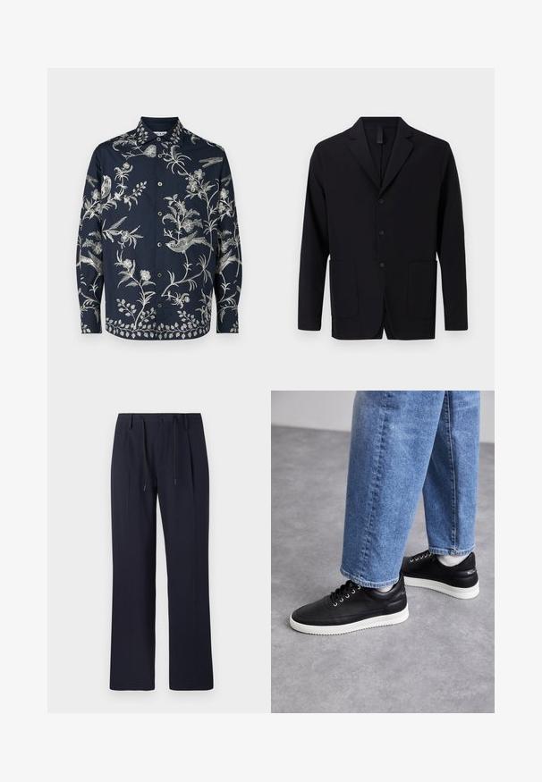 Blazer nero realizzato in tessuto liscio, con colletto a rever, tre bottoni, due tasche frontali e una vestibilità rilassata.; Camicia blu navy con bottoni, caratterizzata da intricati ricami bianchi di fiori e uccelli, maniche lunghe e colletto classico; il tessuto è morbido e leggero.; Pantaloni blu navy con design a gamba dritta, realizzati in tessuto testurizzato. Presentano una chiusura frontale con bottone e una vita regolabile con cordoncino.; Sneakers in pelle nera con suole in gomma bianca, dotati di lacci rotondi, superficie liscia e un sottile marchio sul tallone. Indossati con jeans blu.