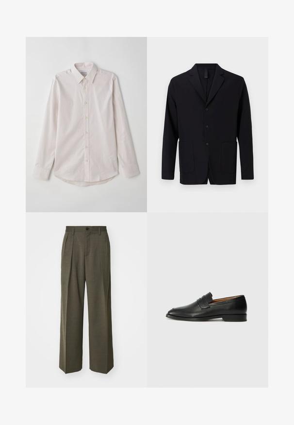 Schwarzer Blazer aus glattem Stoff, mit Reverskragen, drei Knöpfen, zwei vorderen Taschen und einer lässigen Passform.; Helles rosa langärmliges Hemd mit Knopfleiste, verbreiteter Kragen, vertikalen Streifen und abgerundetem Saum. Verfügt über beigefarbene Knöpfe und eine glatte Textur.; Filippa K WIDE TROUSERS - Stoffhose - driftwood; Schwarze Leder-Slipper mit runder Zehenform, dezenten gestickten Details und niedrigem Absatz, ausgestattet mit glatter Textur und minimalistischem Design.