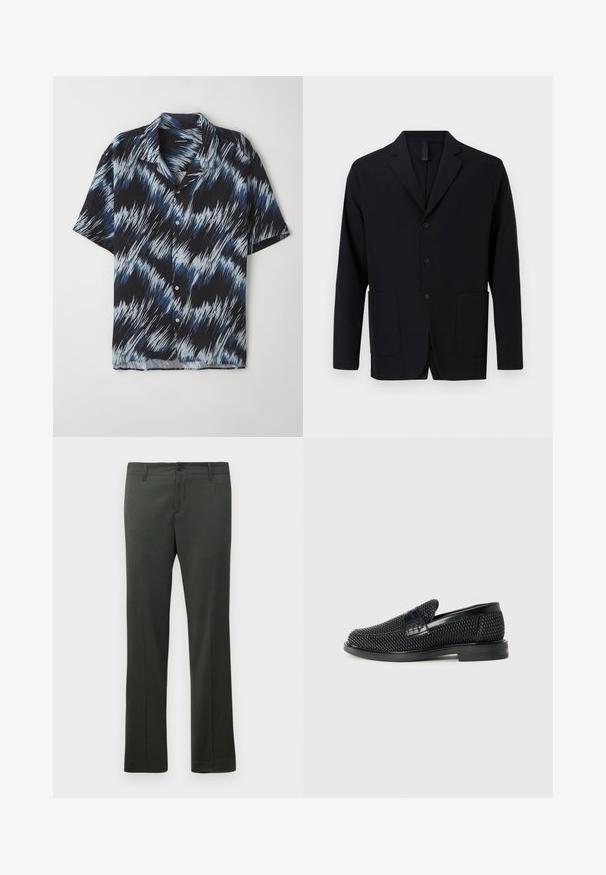 Černý blazer z hladkého materiálu, s klopovým límcem, třemi knoflíky, dvěma předními kapsami a volným střihem.; Košile s krátkým rukávem vyrobená z lehkého materiálu, s modro-černým zigzagovým vzorem, zapínáním na knoflíky a s špičatým límcem.; Tmavě zelené formální kalhoty s poutky na opasek, předním zapínáním na knoflík a rovnými nohavicemi.; Černé pletené nazouvací boty s hladkým koženým akcentem na svršku, kulatou špičkou a nízkoprofilovou gumovou podrážkou.