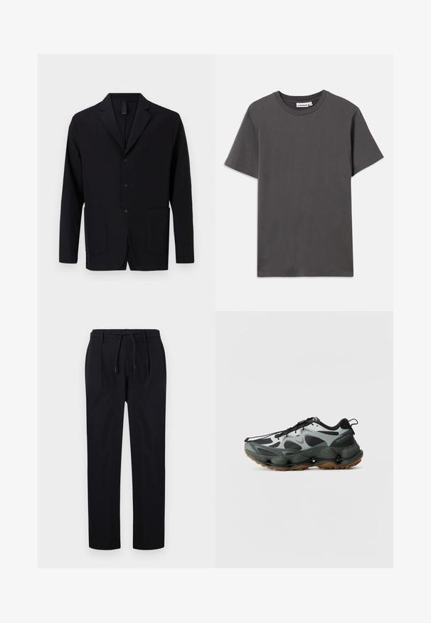 Blazer nero realizzato in tessuto liscio, con colletto a rever, tre bottoni, due tasche frontali e una vestibilità rilassata.; Maglietta a maniche corte grigio scuro con girocollo, senza stampa, con un piccolo etichetta bianca del marchio all'interno del colletto, su uno sfondo bianco.; Pantaloni neri in tessuto liscio, con vita regolabile, gambe dritte e pieghe frontali per un aspetto strutturato.; Scarpe da ginnastica nere e grigie con tomaia in rete, suola scolpita e suola in gomma. Presentano un sistema di allacciatura sicuro e un tassello sul tallone.