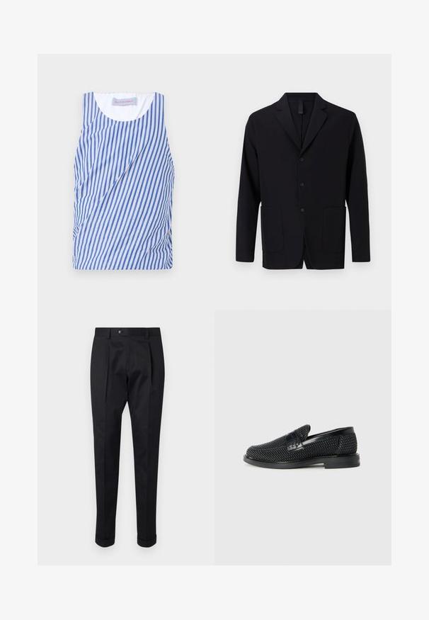 Črn blazer iz gladkega blaga, z izrezanim ovratnikom, tremi gumbi, dvema sprednjima žepoma in sproščenim krojem.; Modra in bela črtasta majica brez rokavov z okroglim izrezom in stranskimi gubami. Narejena iz lahke tkanine z gladko teksturo.; Črne hlače iz gladkega materiala, z zavihkom spredaj, gumbom za zapiranje in zvitim robom ob gležnjih.; Črne pletene zavezane čevlje s gladkim usnjenim poudarkom na zgornjem delu, okroglo zasnovo nosu in nizkoprofilsko gumijasto podplat.