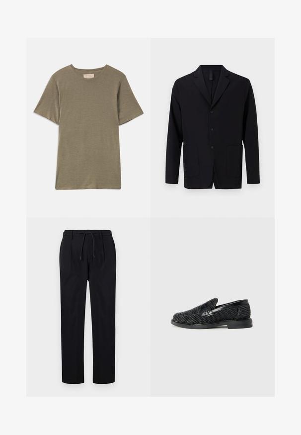 Black blazer made of smooth fabric, featuring a notched collar, three buttons, two front pockets, and a relaxed fit.; Olive green short-sleeve T-shirt with a round neckline, made from soft fabric. Features straight hem and no visible patterns or accents.; Black trousers made of smooth fabric, featuring a drawstring waist, straight legs, and front pleats for a structured look.; Black woven slip-on shoe with a smooth leather accent on the upper, a round toe design, and a low-profile rubber sole.