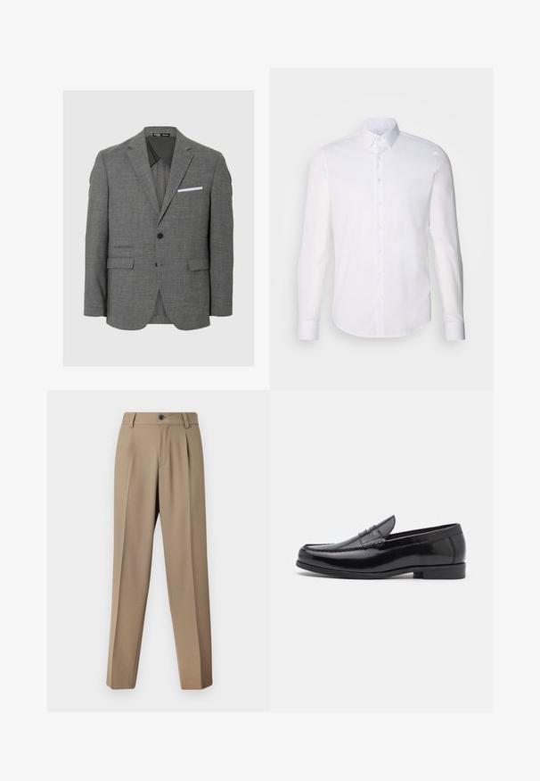 Szary żakiet z teksturowanej tkaniny, z pojedynczym zapięciem na guzik, klapami w szpic oraz białą poszewką w kieszeni. Dwie przednie kieszenie.; Biała, długosleeve koszula zapinana na guziki z bawełny, z klasycznym kołnierzykiem, guzikami z przodu i minimalnymi detalami przeszycia.; Beżowe spodnie o dopasowanym kroju z gładkim przodem, usztywnionym pasem i pojedynczym zapięciem na guzik. Materiał jest gładki i lekko teksturowany.; Czarne skórzane mokasyny z zaokrąglonym noskiem, dekoracyjnym przeszyciem i niskim obcasem. Gładka tekstura z subtelnym połyskiem. Klasyczny wzór bez ozdób.