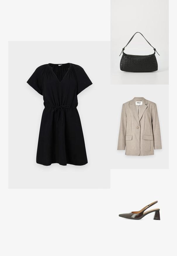Svetlo rjav blazer iz strukturirane tkanine, z dvema sprednjima žepoma, zapenjanjem na en gumb in obliko reverja.; Črna obleka s kratkimi rokavi, V-izrezom, elastičnim pasom z vrvico ter lepršavo A-linijo krila. Narejena iz lahkega materiala.; Slingback visokokotne čevlje iz sijoče temno rjave lakirane usnje, s koničnim nosom, izrezanimi stranicami in kvadratno blok peto.; Črna tkana torba za ramo s gladkim usnjenim trakom in zadrgo. Ima teksturirano površino in ukrivljeno obliko.