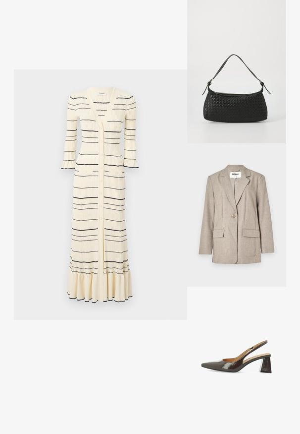 Hellbrauner Blazer aus strukturiertem Stoff, mit zwei Fronttaschen, einem Ein-Knopf-Verschluss und einem Reverskragen-Design.; sandro ROBE FRILL POIGNET RAYURES - Freizeitkleid - ecru; Slingback-Pumps aus glänzendem, dunklem braunem Lackleder, mit spitzem Schuhkopf, ausgeschnittenen Seiten und einem quadratischen Blockabsatz.; Schwarze geflochtene Schultertasche mit einem glatten Ledertragegurt und Reißverschluss. Verfügt über eine strukturierte Oberfläche und eine gebogene Form.