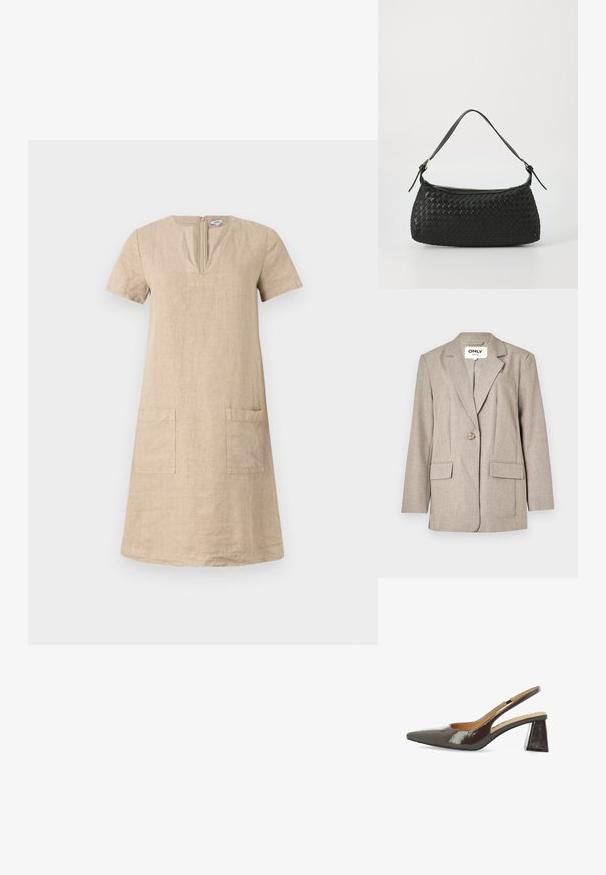 Svetlo rjav blazer iz strukturirane tkanine, z dvema sprednjima žepoma, zapenjanjem na en gumb in obliko reverja.; Bež obleka iz lana do kolen s kratkimi rokavi, V-izrezom in dvema sprednjima žepoma. Preprosta, ravna zasnova. Zadrga na hrbtni strani.; Slingback visokokotne čevlje iz sijoče temno rjave lakirane usnje, s koničnim nosom, izrezanimi stranicami in kvadratno blok peto.; Črna tkana torba za ramo s gladkim usnjenim trakom in zadrgo. Ima teksturirano površino in ukrivljeno obliko.