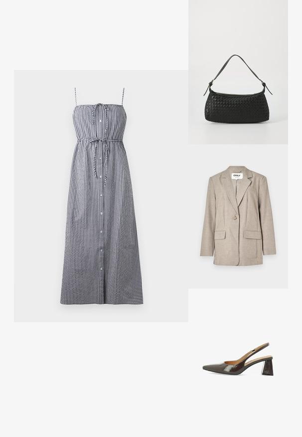 Světle hnědý blazer z texturované látky, obsahující dvě přední kapsy, zapínání na jeden knoflík a design s klopami.; Maxi šaty v černobílé gingham s nastavitelnými ramínky, knoflíkovým zapínáním vpředu a detailem s elastickým páskem v pase.; Lodičky na vysokém podpatku ve lesklé tmavě hnědé lakované kůži, špičatá špička, výřezové strany a čtvercový blokový podpatek.; Černá tkaná taška přes rameno s hladkým koženým popruhem a uzavíráním na zip. Dispozice obsahuje texturovaný povrch a zakřivený tvar.