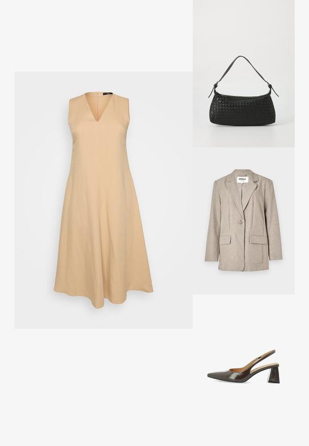 Világosbarna blézer textúrált anyagból, két elülső zsebbel, egy gombos záródással és kivágott kabátgallérral.; Bézs ujjatlan ruha V-nyakkal, ami a deréktól bővül, könnyű anyagból készült, hátsó cipzárral záródik.; Fényes sötétbarna lakkbőr slingback magassarkú cipők, hegyes orral, kivágott oldalakkal és négyzet alakú tömbsarkakkal.; Fekete szőtt válltáska sima bőrszíjjal és cipzáros záródással. Texturált felülete és ívelt formája van.