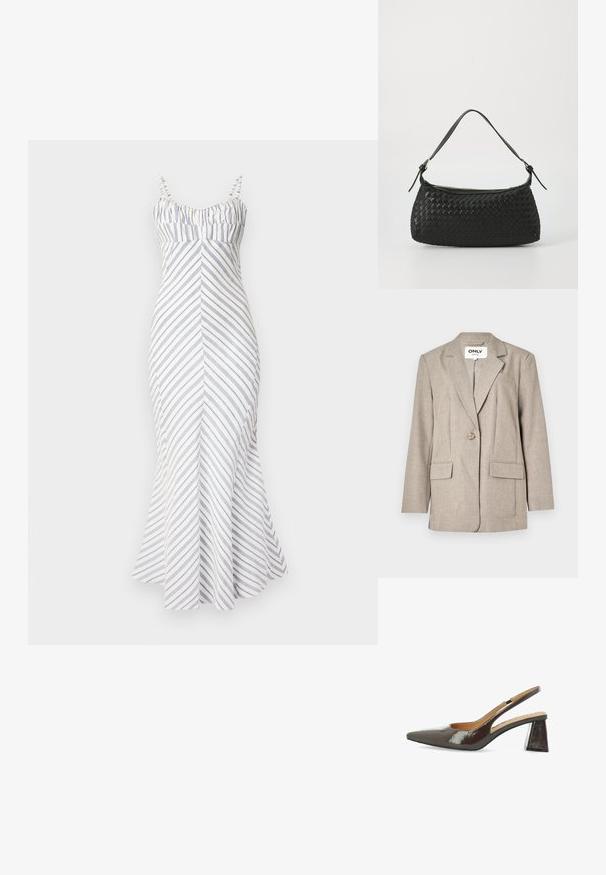 Lichtbruine blazer van gestructureerde stof, met twee voorzakken, een enkele knoopsluiting en een piekflap ontwerp.; Strapless, fitted midi-jurk in het wit met blauwe diagonale strepen. Heeft een geplooide corsage, een uitlopende zoom en verstelbare bandjes. Glad textuur.; Slingback pumps met hoge hakken in glanzend donkerbruin lakleer, puntige neus, uitsparingen aan de zijkanten en een vierkante blokhak.; Zwarte geweven schoudertas met een gladleren schouderband en rits sluiting. Heeft een gestructureerd oppervlak en een gebogen vorm.