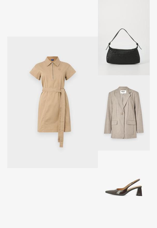 Gai brūns žakets, kas izgatavots no teksturēta auduma, ar divām priekšējām kabatām, vienu pogu aizdari un atzīta apkakles dizainu.; Īss piedurkņu kokvilnas kleita ar rāvējslēdzēju kakla izgriezumā un to pašu audumu jostu. Taisna silueta ar izsmalcinātu logo detaļu.; Spieķu augstpapēžu kurpes no spīdīgas tumši brūnas lakotās ādas, ar smailu purngalu, izgriezumiem sānos un kvadrātveida blokveida papēdi.; Melns austs plecu soma ar gludu ādas siksnu un rāvējslēdzēja aizdari. Iezīmējas ar teksturētu virsmu un izliekumu.