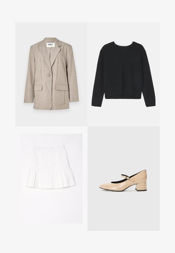 Hellbrauner Blazer aus strukturiertem Stoff, mit zwei Fronttaschen, einem Ein-Knopf-Verschluss und einem Reverskragen-Design.; Schwarzer Sweatshirt mit langen Ärmeln, Rundhalsausschnitt und einem leicht verkürzten Saum. Aus weichem Stoff gefertigt, mit einem dezenten Logodetail auf der Vorderseite.; Weißer plissierter Rock mit breitem Taillenbund, flach auf einem weißen Hintergrund präsentiert.; Beige Lackleder Mary Jane Schuhe mit einer angedeuteten Zehenpartie, einem Schnallenriegel und einem Mid-Height Blockabsatz. Glatte Textur mit glänzender Oberfläche.