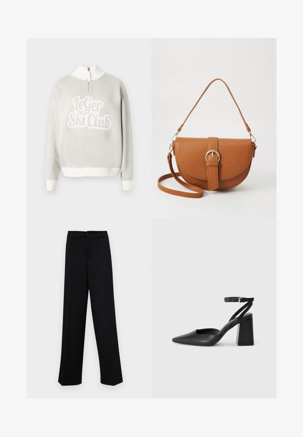 Kerge pruun bleiser, mis on valmistatud tekstuuriga kangast, omades kahte eesmist taskut, ühte nööpiga sulgemist ja sälkdekolte.; Helehall hall kampsun valge soonikkoe ääre ja kraega, esiküljel esile tõstetud terava tekstuuriga "Le Ger Ski Club" disainiga. Lukust on poolenisti lahti.; Musta laiad püksid siledast kangast, millel on klassikaline vöökoht, nööbiga sulgemine ja ees voldid.; Mustmustest must-käigukingad, millel on konksuga nöör ja paks konts. Ühtlane tekstuur, stiilne disain ja minimalistlik esteetika.; Pruun nahast õlakott, millel on kumer kuju, kullavärvi riistvara ja pandlaga kaunistus. Omab eemaldatavat õlarihma.