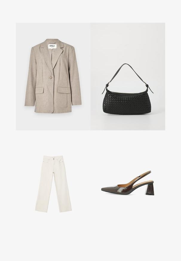 Svetlohnedý blejc vyrobený z textúrovanej tkaniny, s dvoma prednými vreckami, jedným gombíkom na zapínanie a s klopou v tvare špicu.; Biela tričká s krátkym rukávom vyrobené z hladkej tkaniny, s okrúhlym výstrihom a jemnými švami na leme.; Biele široké rifle vyrobené z denimu, s vysokým pásom, prednými vreckami a zapínaním na gombík. Čistý dizajn s minimálnymi akcentmi.; Slingback lodičky na vysokom opätku z lesklej tmavohnedej lakovej kože, so špicatou špičkou, rezanými stranami a štvorcovým blokovým opätkom.; Čierna tkaná taška cez plece s hladkým koženým remienkom a zipsovým uzáverom. Disponuje štruktúrovaným povrchom a zakriveným tvarom.