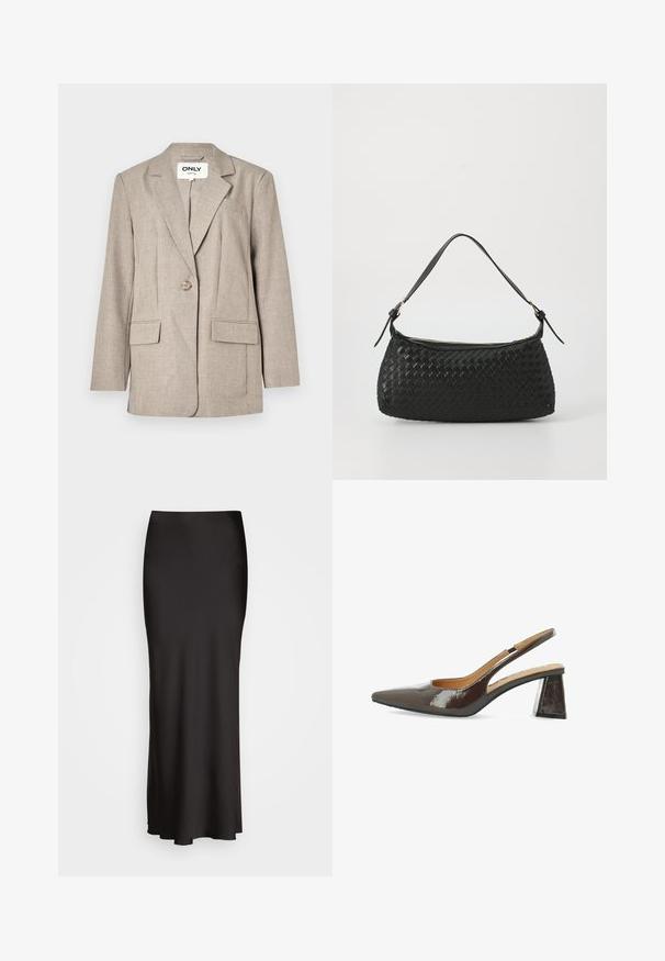 Blazer marrón claro hecho de tela texturizada, con dos bolsillos frontales, cierre de un solo botón y diseño de solapas con muesca.; Camiseta blanca de manga corta hecha de algodón. Diseño de cuello redondo con una textura suave y sin patrones ni acentos visibles. Estilo básico.; Falda larga de satén negra con una textura suave, cinturilla ajustada y silueta en A, que no presenta adornos ni patrones visibles.; Zapatos de tacón alto tipo slingback en charol marrón oscuro brillante, con punta afilada, laterales recortados y un tacón cuadrado.; Bolso de hombro tejido en negro con una correa de cuero suave y cierre de cremallera. Presenta una superficie texturizada y una forma curvada.
