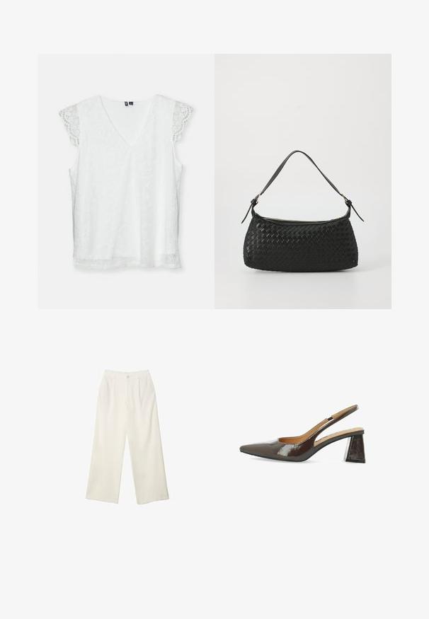 Svetlo rjav blazer iz strukturirane tkanine, z dvema sprednjima žepoma, zapenjanjem na en gumb in obliko reverja.; Bela brezrokavna majica z V-izrezom, vzorčena čipkasta tkanina in nežne čipkaste rokave s valovitimi robovi. Ima sproščen kroj in gladko teksturo.; Hlače širokih nogavic iz kremaste tkanine z gladko teksturo, z enim sprednjim gumbom, diskretnimi plisami in visokim pasom.; Slingback visokokotne čevlje iz sijoče temno rjave lakirane usnje, s koničnim nosom, izrezanimi stranicami in kvadratno blok peto.; Črna tkana torba za ramo s gladkim usnjenim trakom in zadrgo. Ima teksturirano površino in ukrivljeno obliko.