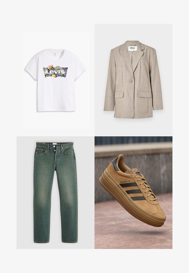 Gai brūns žakets, kas izgatavots no teksturēta auduma, ar divām priekšējām kabatām, vienu pogu aizdari un atzīta apkakles dizainu.; Levi's® Plus PERFECT TEE - Apdrukāts T-krekls - bright white; Zaļi džins džinsi ar nedaudz izbalējušu apdari, pieciem kabatām, vara kniedēm un taisnu kāju dizainu. Standarta pogu un rāvējslēdzēja aizdare.; Gaišbrūnas zamša apavi ar gludu virsmu, kas rotāti ar trim tumšām svītrām, ar noapaļotu purngalu un biezāku zoli, kurai ir rakstains malas dizains.