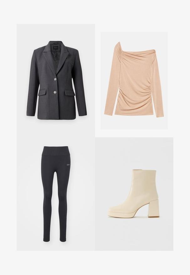 Sötétszürke blézer, texturált anyagból készült, egysoros kialakítással, kihajtott gallérral, két elülső zsebbel és ezüst gombdíszekkel.; Hosszú ujjú, vállnélküli felső világos bézs színben, oldalain összegyűrt anyaggal és sima textúrával. Nincsenek látható logók vagy minták.; Fekete sport leggings sima textúrával, magas derékkal és varrott részletekkel. Elöl egy kis logó található.; Beige bőr bokacsizma bársonyos felülettel, tömbsarokkal és platform talppal, enyhén szögletes orral, balra nézve, fehér háttér előtt.