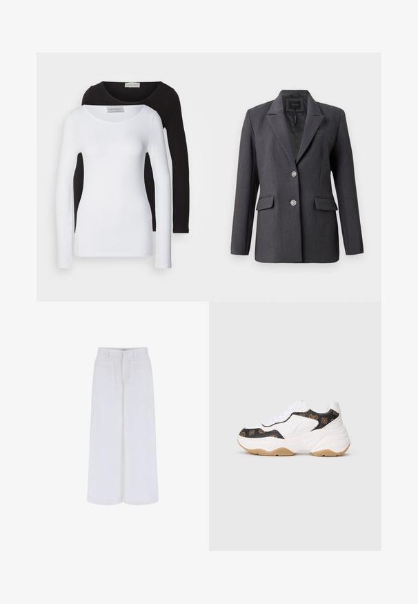 Tmavošedý blejzer vyrobený z textúrovanej tkaniny, s jednoradovým zapínaním, nechánkovými klopami, dvoma prednými vreckami a striebornými gombíkovými detailmi.; Dlhé rukávy tričká z bielej a čiernej bavlny, s okrúhlymi výstrihmi a priliehavým strihom. Odkaz viditeľný na krku.; Biele široké nohavice s hladkým povrchom, so 2 prednými vreckami a zapínaním na gombík, navrhnuté pre pohodlné nosenie.; Biele masívne tenisky s čiernymi a hnedými vzorovanými akcentmi, hrubou béžovou podrážkou a bielymi šnúrkami, vystavené na jednoduchej svetlej pozadí.