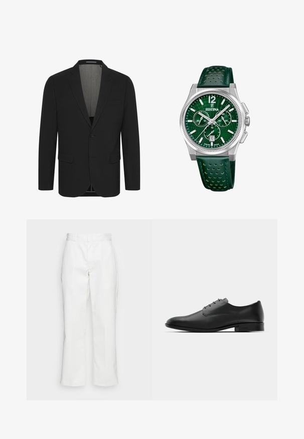 Sort blazer lavet af glat stof, med spidse revers, to forlommer og en lukning med to knapper. Fodret indvendigt. Minimalistisk design.; Hvid langærmet skjorte med knapper og krave, præsenteret fladt mod en hvid baggrund.; Hvide bomuldsbukser med lige ben-design, bæltestropper og sidelommer, med en glat overflade og minimal detajlering.; Sorte læderdressko med et elegant design, rund tå, fem snøre-læseøjer og en lille hæl. Diskret prægede logo-detaljer.; Grøn kronografur med en rustfrit stålurværk, struktureret grøn urskive, hvide markører og et perforeret grønt læderarmbånd.
