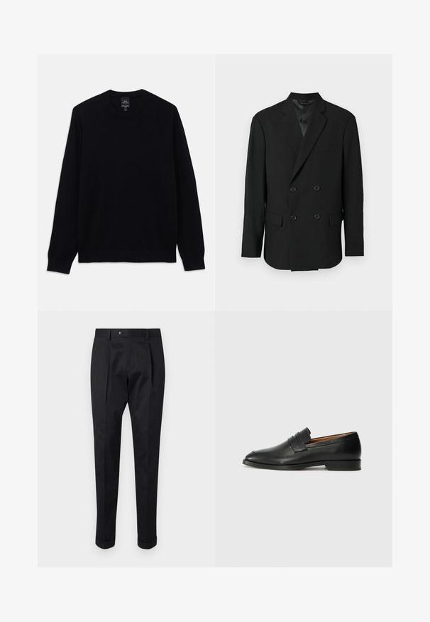 Juodas dvigubo užsegimo švarkas su satino pamušalu, dviem priekinėms kišenėms ir nugenėtą kraštą. Yra penki mygtukai priekyje.; Juodas ilgas rankovės megztinis su apvalia kaklo iškirpte, su įpjovomis ant rankovių ir apatinėje dalyje, Armani Exchange etiketė matoma ant vidinės apykaklės.; Juodos kelnės pagamintos iš lygaus audinio, su raukšle priekyje, mygtuko uždarymu ir suknežintomis rankovėmis ties kulkšnimi.; Juodas odinis loaferis su apvaliu nosiu, subtiliomis siuvimo detalėmis ir žemu kulnu, pasižymintis lygia tekstūra ir minimalistiniu dizainu.