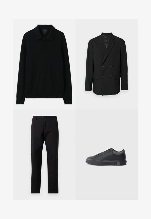 Schwarze doppelt geknöpfte Blazer mit satinierter Innenseite, zwei vorderen Taschen und Reverskragen. Verfügt über fünf Knöpfe an der Vorderseite.; Schwarzer Strickpullover mit kragenähnlichem Hals, einer Knopfleiste mit drei Knöpfen und gerippten Ärmeln. Verfügt über lange Ärmel und einen strukturierten Stoff.; Schwarze Gerade Hosen mit Knopf- und Reißverschluss, Gürtelschlaufen und vorderen Taschen, auf weißem Hintergrund präsentiert.; Schwarze Ledersneaker mit glatter Oberfläche, runder Zehenpartie und dunkelgrauen Akzenten. Verfügt über ein Schnürdesign und eine strukturierte Gummisohle.