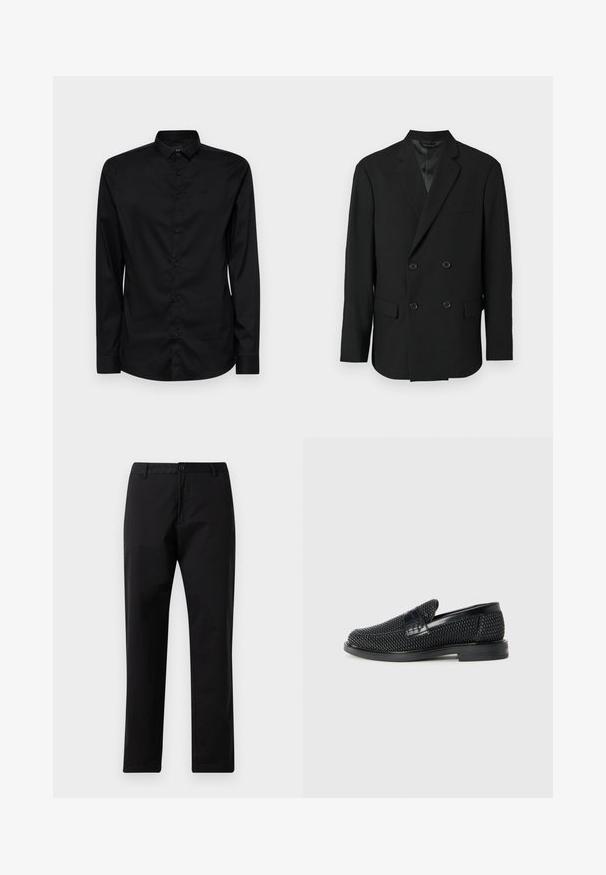 Blazer nero doppiopetto con sottogola in satin, due tasche frontali e rever a punta. Presenta cinque bottoni sul davanti.; Camicia nera a maniche lunghe con bottoni, realizzata in un tessuto morbido, caratterizzata da un colletto classico, bottoni frontali e un logo discreto sopra il petto sinistro.; Pantaloni neri a gamba dritta con chiusura a bottone e zip, passanti per cintura e tasche frontali, esposti su sfondo bianco.; Scarpa nera a mocassino intrecciata con un accentuato in pelle liscia sulla parte superiore, design a punta rotonda e suola in gomma a profilo basso.