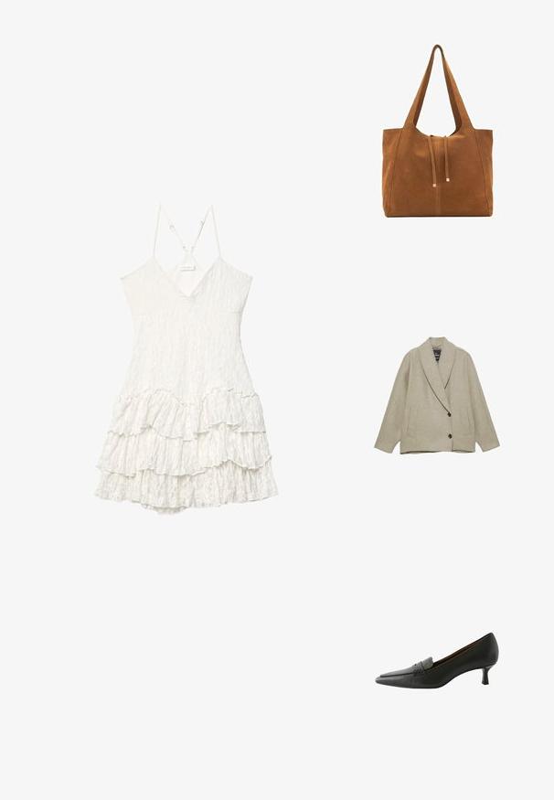 Beige ullblandad jacka med sjalkrage, två framfickor och dubbelknäppning. Strukturerad form med texturerad textil.; Vit ärmlös spetsklänning med V-ringning, justerbara tunna axelband och lager av volangdetalj.; Svart läderklackskor med spetsig tå och dekorativ rem. Har en låg stilettklack och slät yta.; Brun mockaläders toteväska med två långa remmar, dragsko-stängning och minimalistisk design. Slät textur och inga synliga metallaccenter.