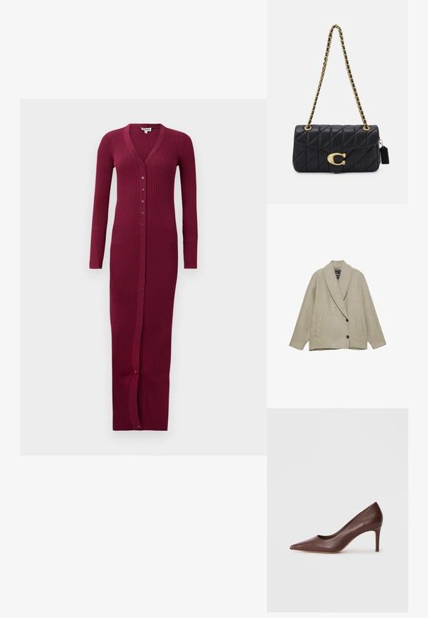 Beige uldblandet jakke med sjalskrave, to forlommer og dobbeltknaplukning. Struktureret stof med en fast form.; Bordeaux ribbet lang cardigan med V-hals, lange ærmer og frontlukning med knapper. Har en slids i kanten for bedre bevægelse.; Brun læder højhælet sko med spids tå og et strømlinet design samt moderat stiletthæl, der har en glat tekstur og minimale detaljer.; Sorte kviltet håndtaske med en guldkæde-rem, der har en markant guldkrog og et lille mærke, som viser en struktureret læderoverflade.