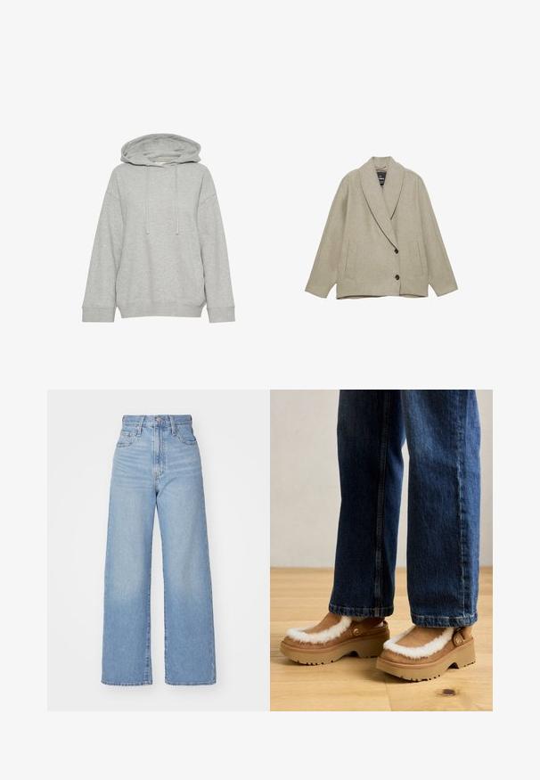 Giacca in misto lana beige con colletto a scialle, due tasche anteriori e chiusura a doppiopetto. Tessuto testurizzato con una forma strutturata.; Felpa grigia con cappuccio e vestibilità rilassata, caratterizzata da maniche lunghe, laccetti e polsini a coste. Realizzata in un tessuto morbido e testurizzato.; Jeans a vita alta blu chiaro con gamba larga, chiusura frontale con bottone e zip, tasche anteriori e posteriori, su uno sfondo bianco.; Zoccoli in pelle scamosciata marrone con rifiniture in pelliccia sintetica bianca e suole in gomma beige, dotati di hardware con fibbia laterale e una suola robusta, abbinati a jeans blu.