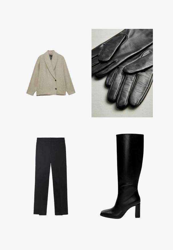 Giacca in misto lana beige con colletto a scialle, due tasche anteriori e chiusura a doppiopetto. Tessuto testurizzato con una forma strutturata.; T-shirt bianco semplice realizzato in cotone, con scollatura rotonda, maniche corte e vestibilità morbida. Texture liscia senza motivi o accenti.; Pantaloni neri in tessuto liscio, con design a gamba dritta, tasche frontali e una vita piatta senza hardware o decorazioni visibili.; Stivali in pelle neri al ginocchio con punta quadrata e tacco spesso. Texture liscia, design aderente e senza hardware o motivi visibili.; Guanti in pelle nera con texture liscia, dotati di cuciture lungo le dita e un design aderente. Materiale morbido e flessibile per il massimo comfort.