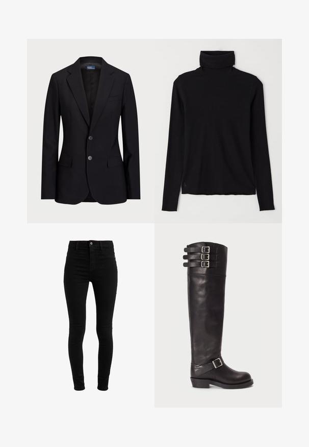 Chaqueta de traje azul marino de tejido suave, con solapas de muesca, cierre de dos botones y bolsillos frontales, con un corte ajustado.; Suéter negro de cuello alto fabricado en tela de canalé. Mangas largas, diseño ajustado y un dobladillo ligeramente relajado sin patrones o herrajes visibles.; Jeans ajustados negros de denim, con cintura alta, diseño de cinco bolsillos y cierre de botón. Textura suave, sin patrones visibles.; Bota de cuero negro hasta la rodilla con punta redonda, tres hebillas de cinta en la parte superior y un detalle de hebilla lateral. Suela plana y textura suave.