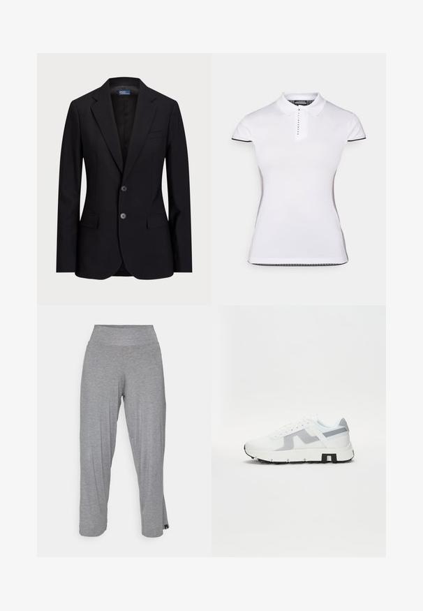 Navyblauer Anzugjacke aus glattem Stoff, mit schmalem Revers, Zwei-Knopf-Verschluss und aufgesetzten Taschen, in taillierter Passform.; Weißes Polohemd mit kurzen Ärmeln, Kragen und Knopfleiste vorne. Schwarze Akzente an den Ärmeln und den Seitenähten. Weiche, glatte Textur.; Yogasearcher RAVANA FLOWY PANTS - Jogginghose - grey; Weißer Sportschuh mit grauen Akzenten, strukturiertem Obermaterial, dickem Sohlenrand und kontrastierendem schwarzen Fersenbereich. Schnürdesign mit Mesh-Elementen.